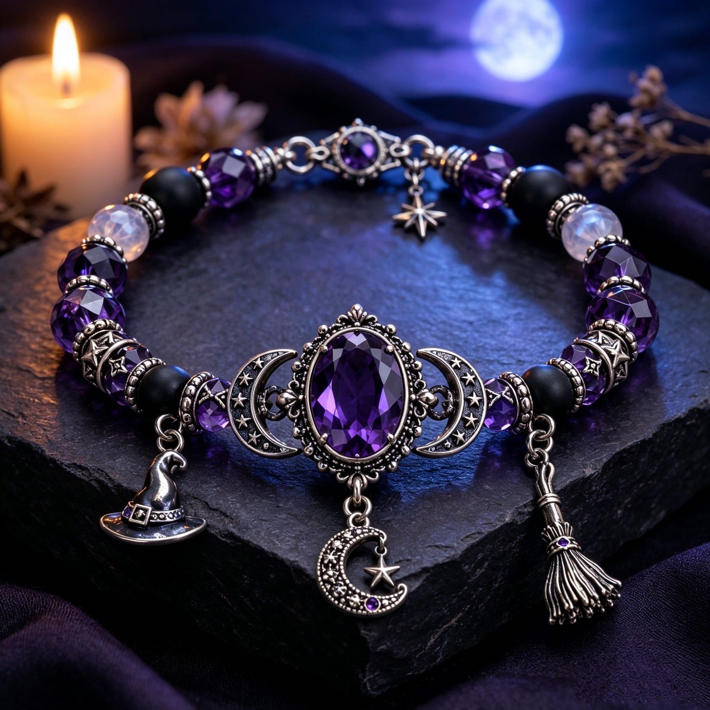 🔮 Witch’s Crystal Moon Charm Bracelet