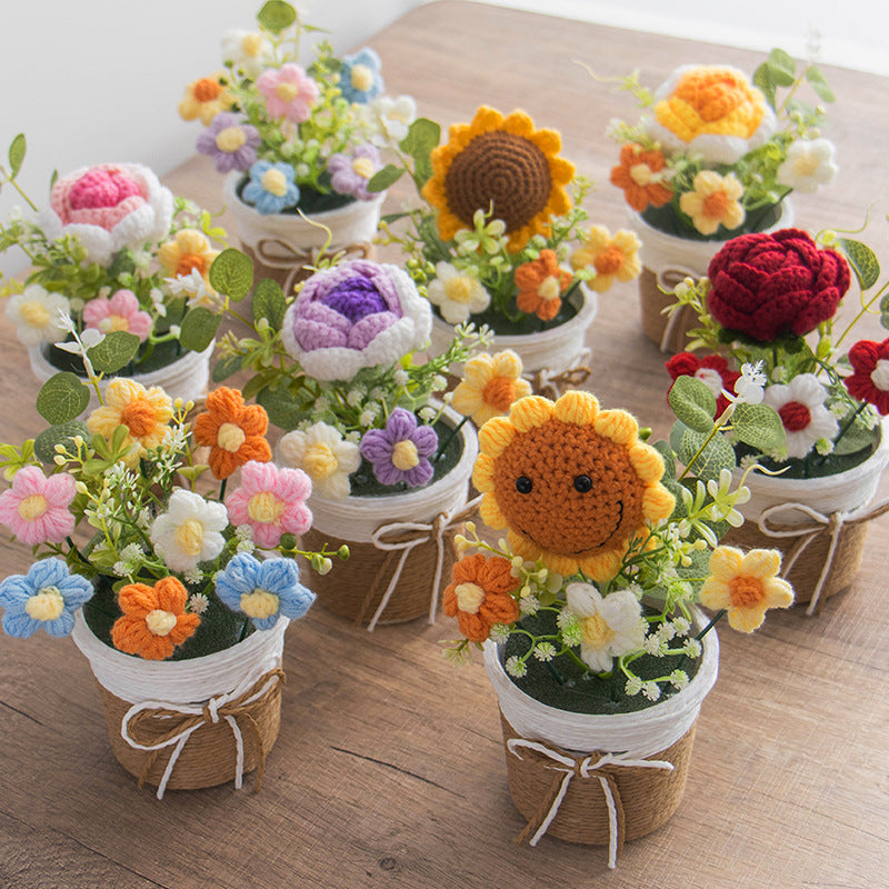 🌼Handmade Knitted Flower Pot – Forever Blooming Desk Decor for Teacher, Friend & Home