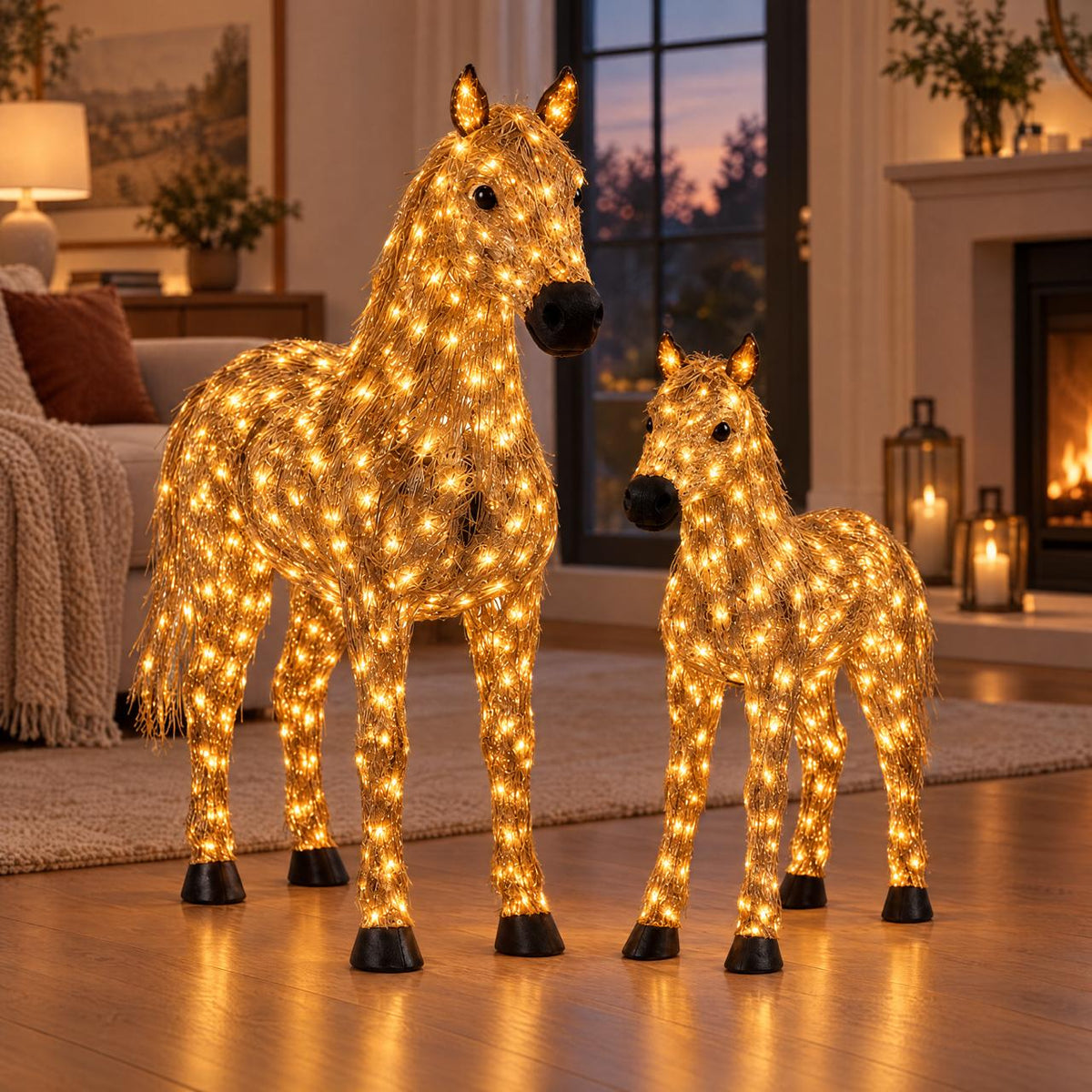 ✨🐎 Light-Up Christmas Horse & Foal Set – Warm White LED Holiday Display