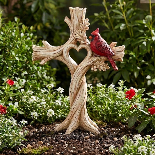 Cardinal Heart Tree Cross – Hand-Carved Solid Wood Decor