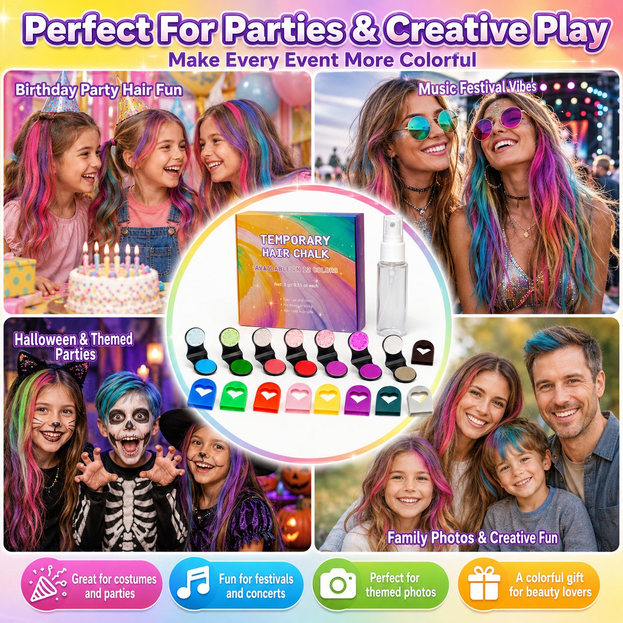 🌈 12-Color Washable Hair Chalk Styling Applicator Set | Vibrant Buildable Shades in Easy Clamp-On Applicators for Highlights, Streaks & Costume Looks ✨