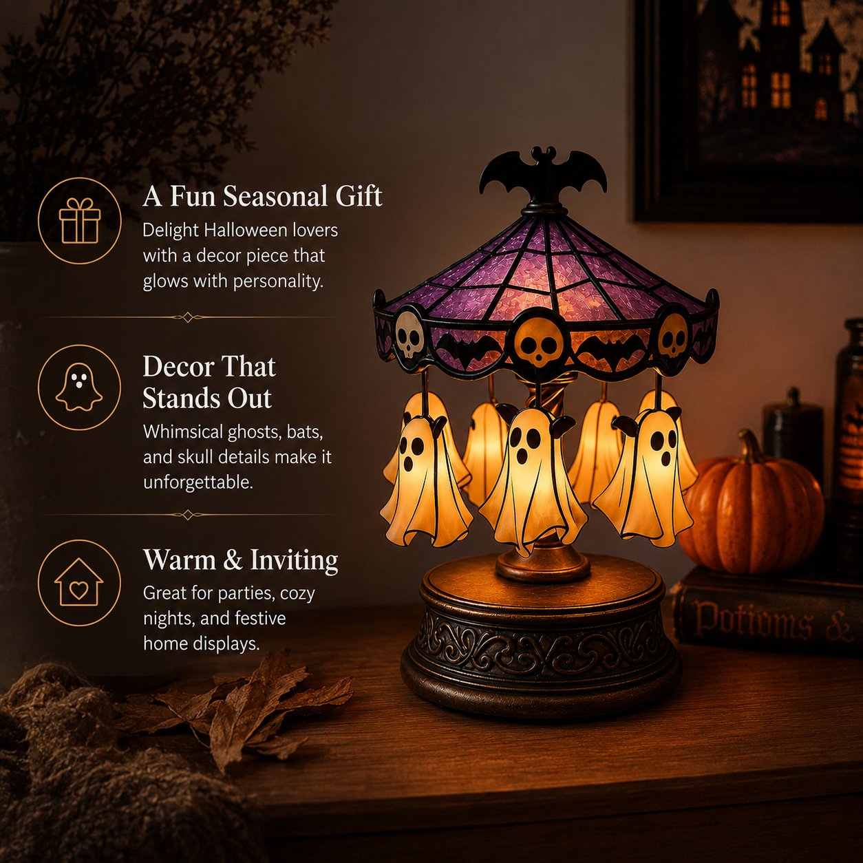 🎠 Ghost Carousel Motion Night Light – Cozy Halloween Glow🎃