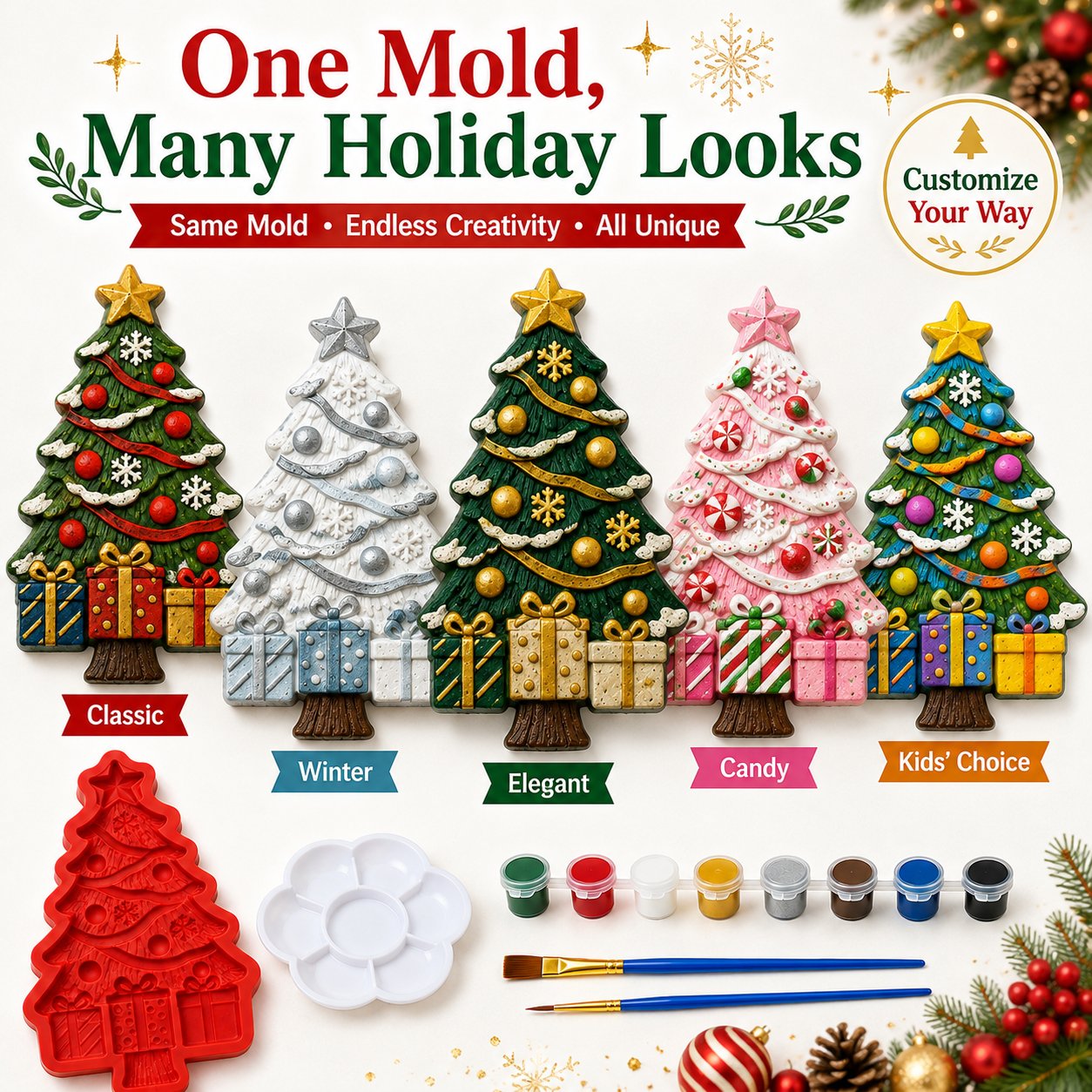 🎄 DIY Christmas Tree Mold & Paint Craft Kit | Reusable 3D Mold with 8 Acrylic Paints, 2 Brushes & Festive Detail Guide 🎨✨