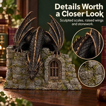 🐉 Dragon Book Nook Mist Maker with LED Light, Fantasy Castle Dragon Statue Decor, Smoke Breathing Dragon Figurine for Shelf Display