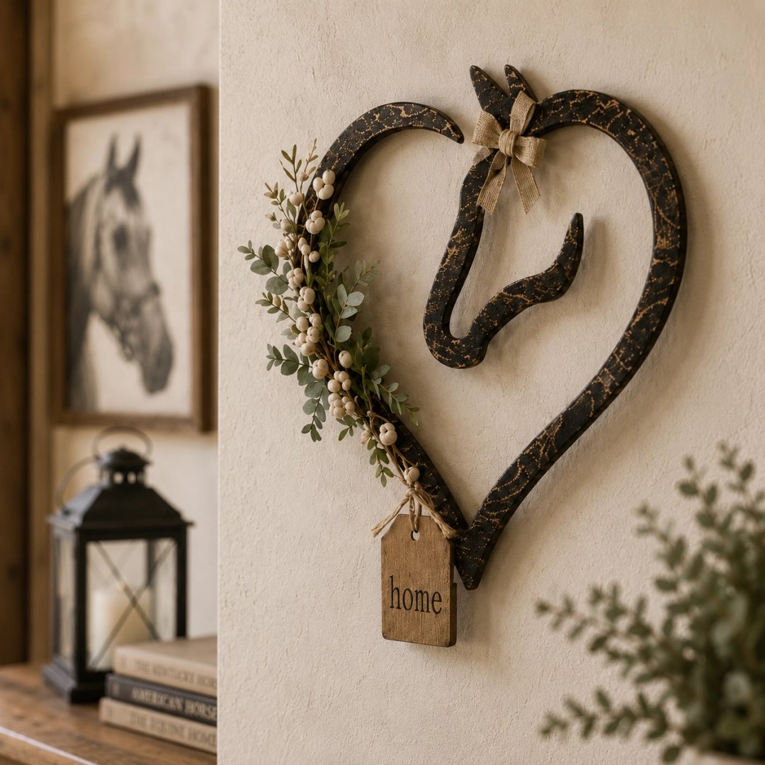Rustic Horse Heart Wall Decor with Greenery – Farmhouse Equestrian Home Accent
