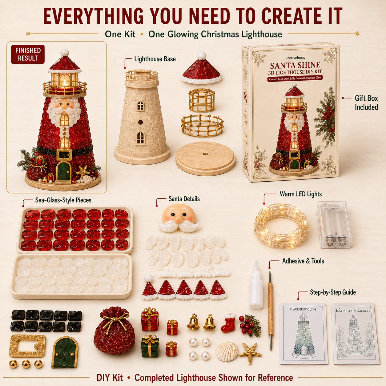 🎄Beginner-Friendly DIY Lighted Christmas Character Sea Glass-Style Lighthouse Kit Collection