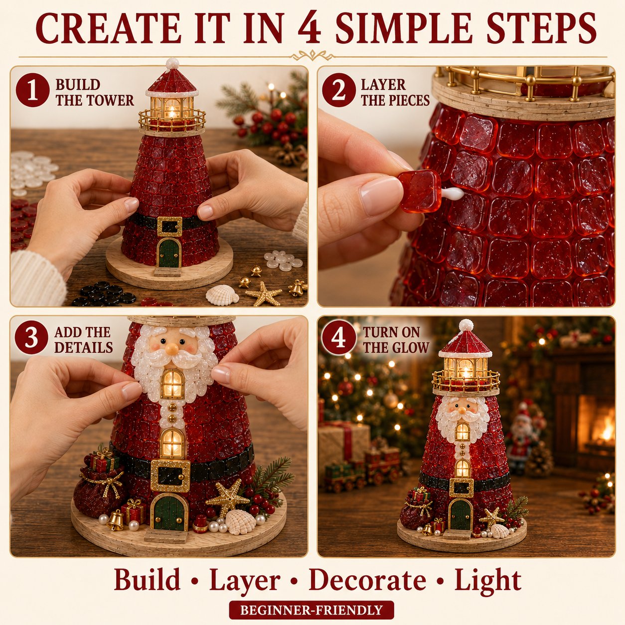 🎄Beginner-Friendly DIY Lighted Christmas Character Sea Glass-Style Lighthouse Kit Collection