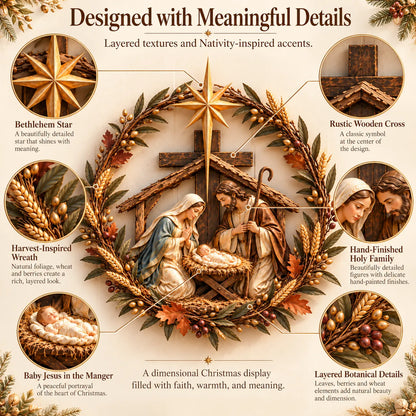 ✝️🍂 Autumn Nativity Cross Metal Wall Decor – Rustic Holy Family Harvest Wreath