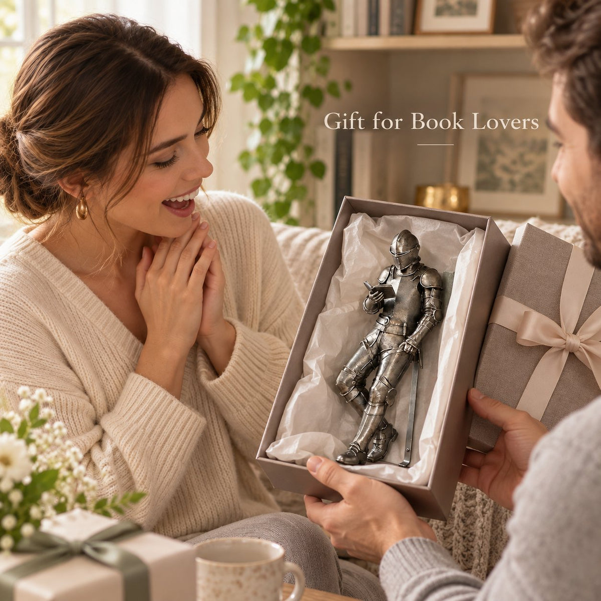 🛡️ Reading Knight Bookend Statue | Antique Metal Finish Bookshelf Guardian, Novelty Decor Gift For Bibliophiles