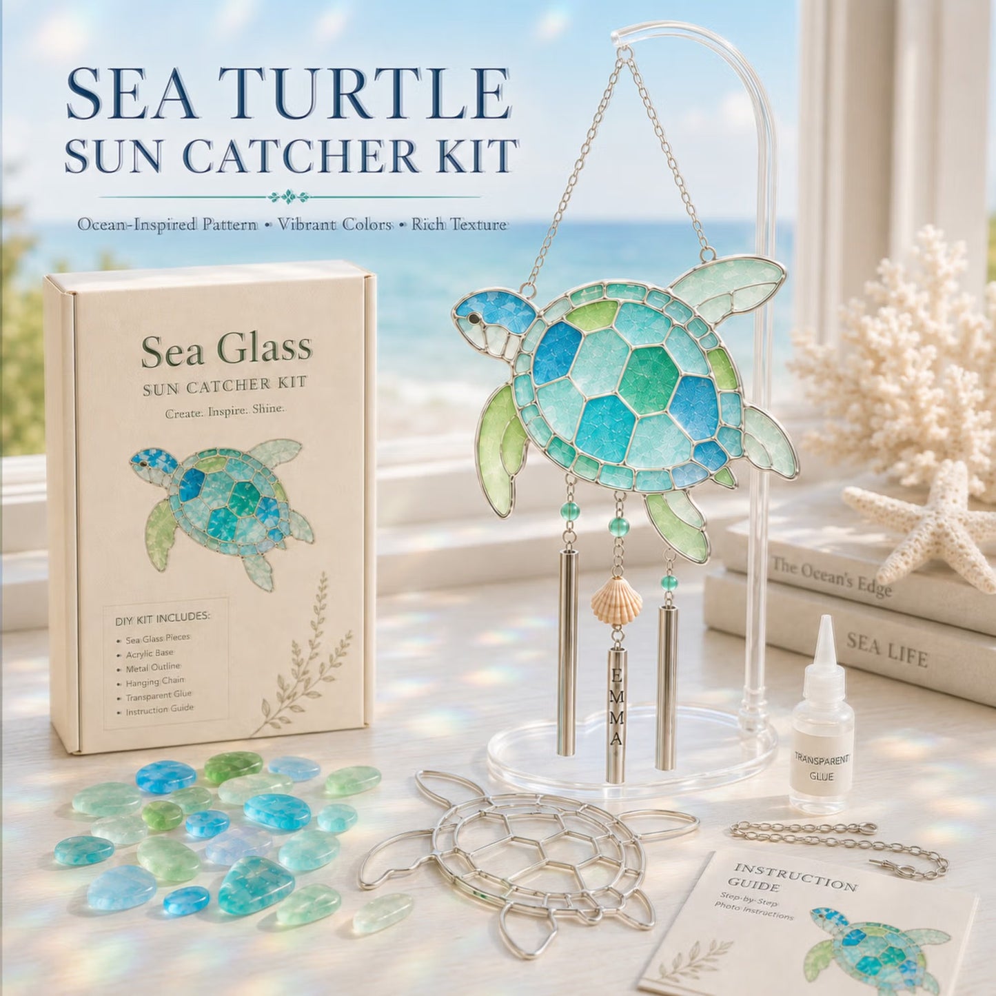 Personalized Coastal Glow Sea Glass Suncatcher Wind Chime Kit Collection, Home Decor, Birthday Gift for Ocean Lovers