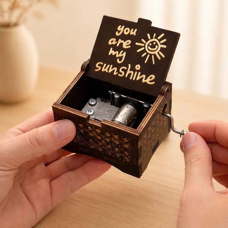 Hand turning You Are My Sunshine wooden music box
