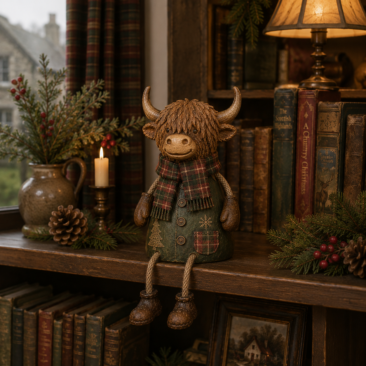 🐮Festive Highland Cow Shelf Sitter – Rustic Christmas Home Decor✨