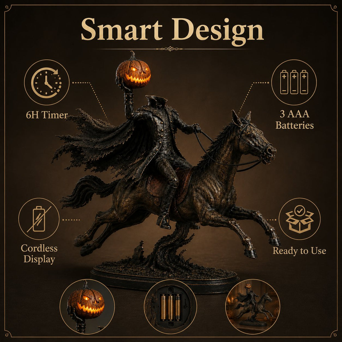 Midnight Chase statue smart design showing 6 hour timer and 3 AAA battery operation