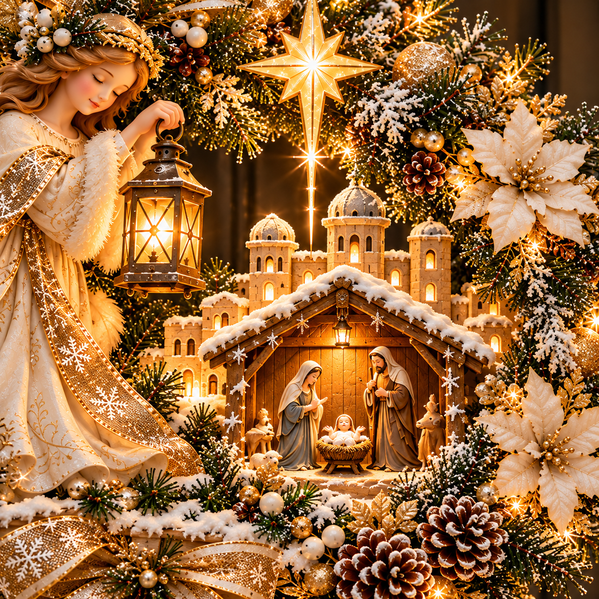 Close detail of Bethlehem star, glowing Nativity scene and angel lantern Christmas wreath