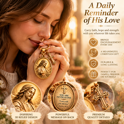✝️ You Are Never Alone – Jesus 3D Relief Keychain with Inspirational Scripture & Cross Charm