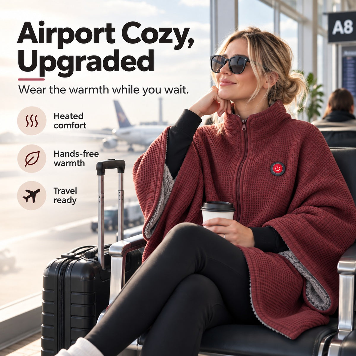 Wearable heated shawl for travel and everyday warmth