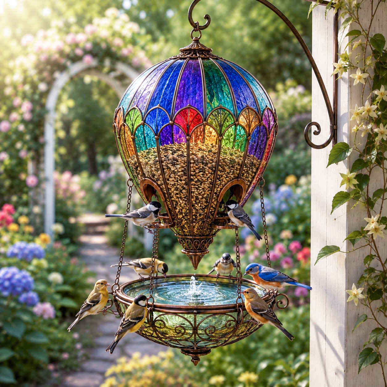🌈 Stained Glass Hot Air Balloon Bird Feeder Fountain🐦