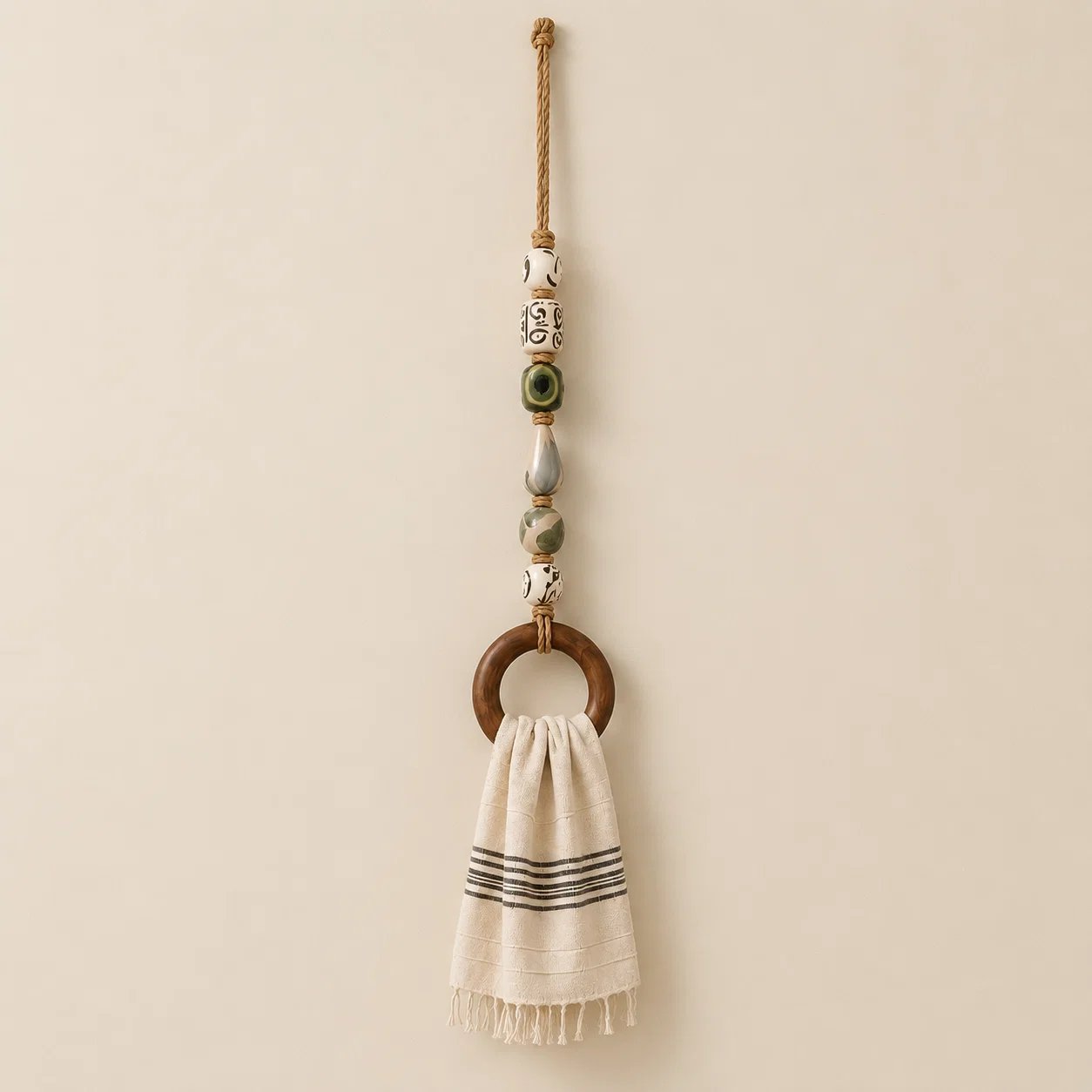 Decorative Beaded Towel Hanger with Wooden Ring