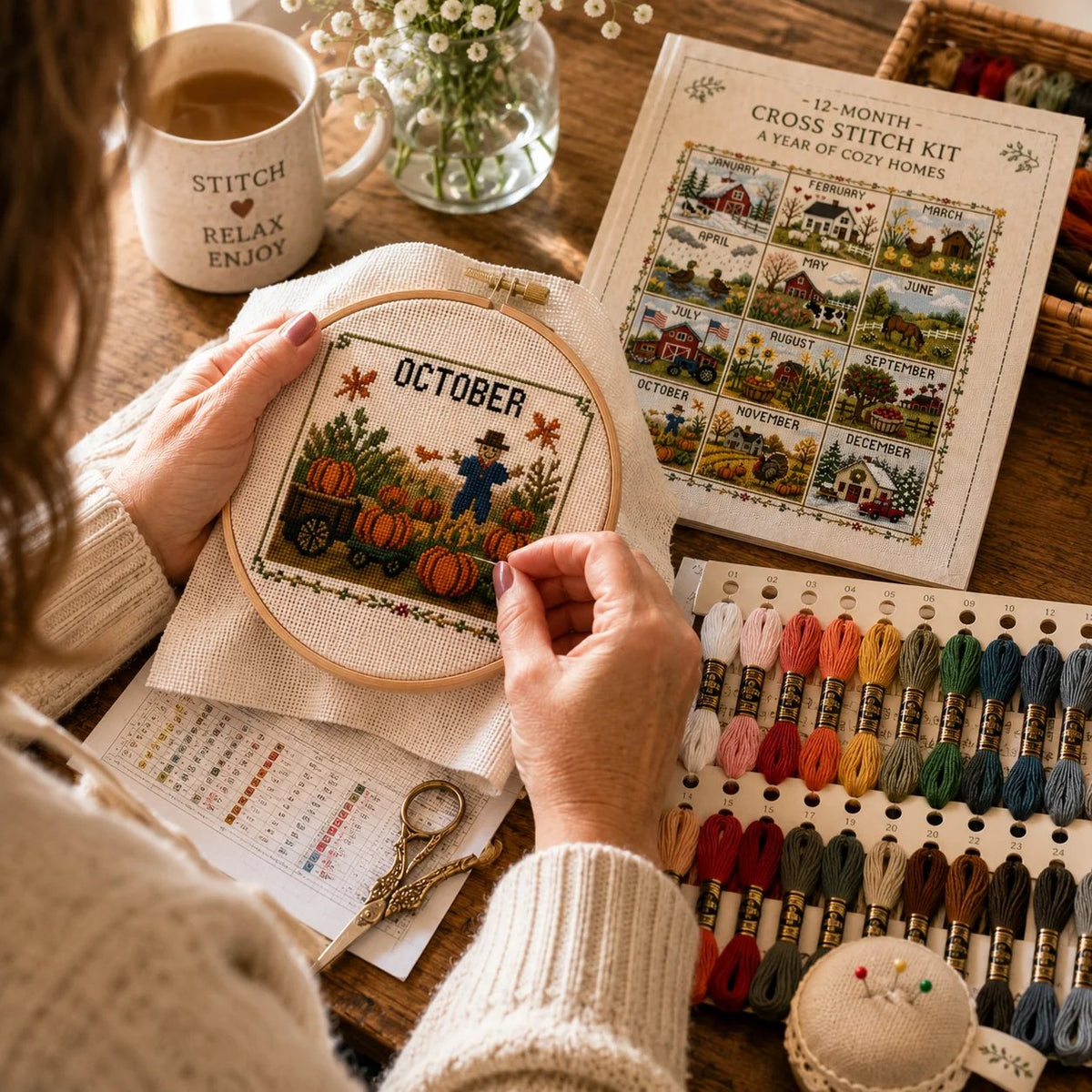 🧵 A Year in Stitches | 12-Month Seasonal Cross Stitch Kit 🌿