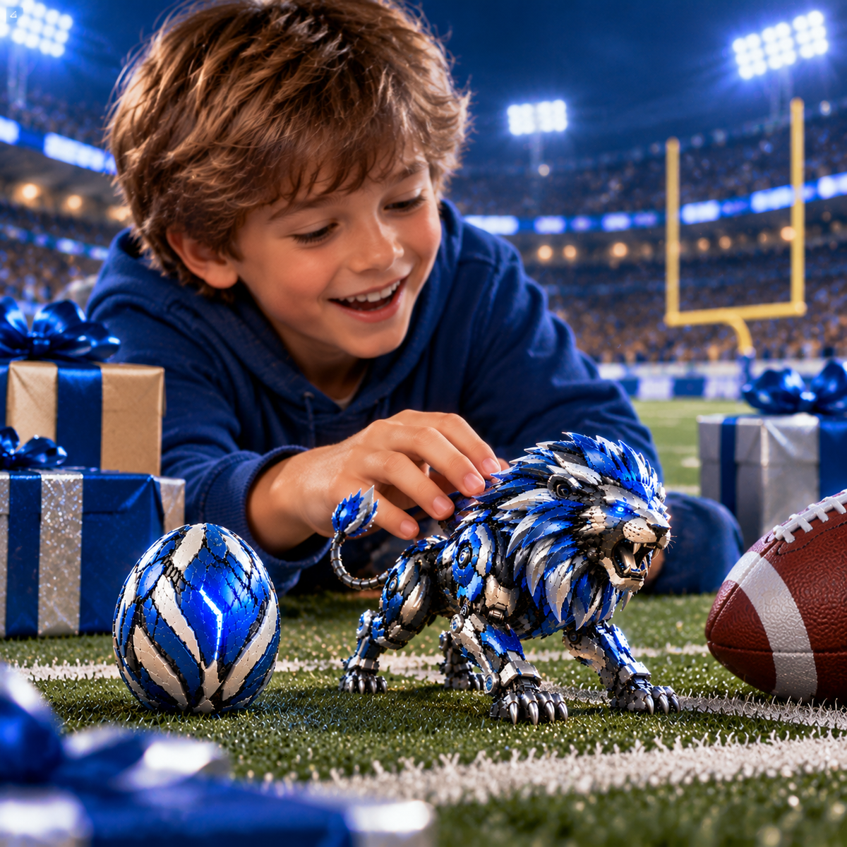 Child playing with BlueSteel LionMorph egg and lion