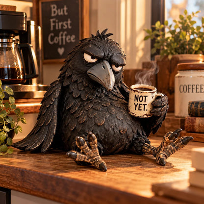 🐦‍⬛☕Grumpy Coffee Raven Figurine – “Not Yet” Funny Morning Decor😂(✨Buy 2 Free Shipping)