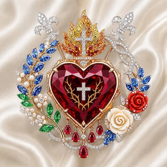 ❤️ Broche Sacré-Cœur florale en pierres précieuses | Épingle statement vintage d'inspiration palace