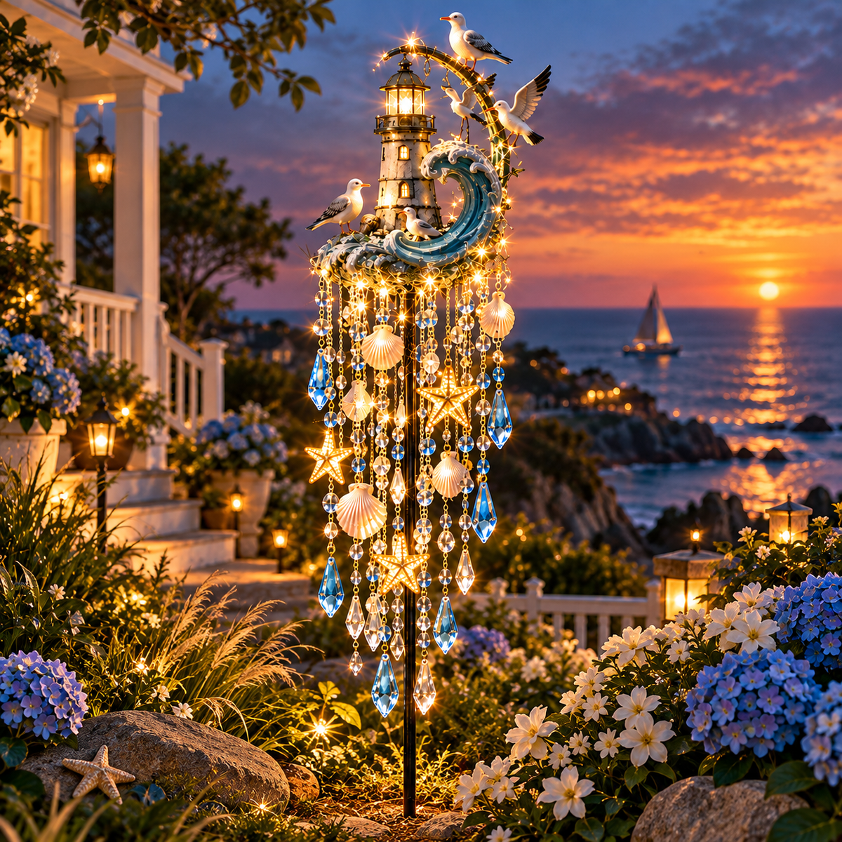 🔥Last Day 49% OFF🔥🌊 Lighthouse Tide Glow™ – Solar Lighthouse Garden Stake Light with Crystal Tassels