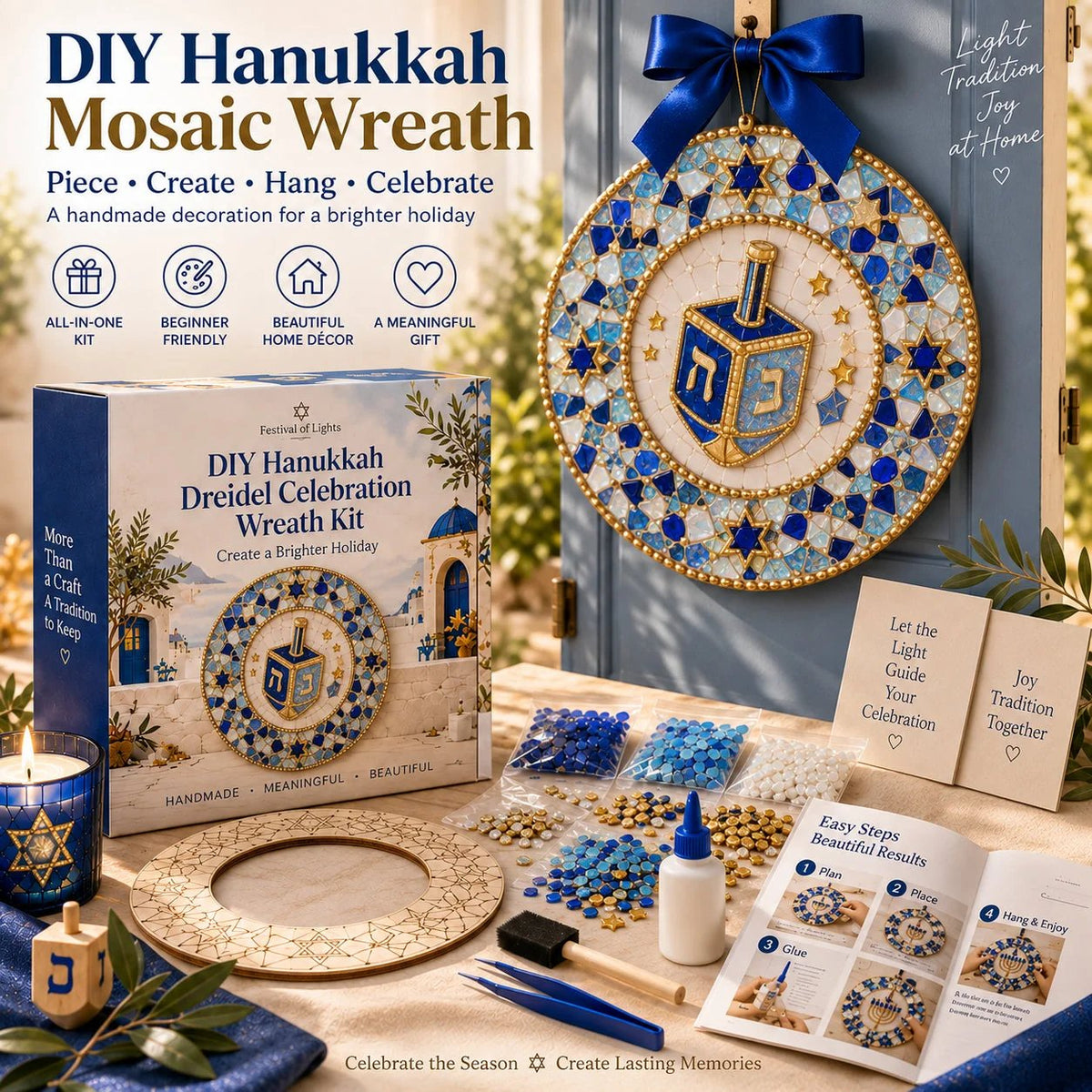 🕎 DIY Hanukkah Mosaic Wreath Kit – 6 Festive Designs for Holiday Home Décor