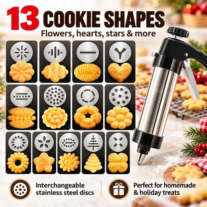 🍪 Stainless Steel Cookie Press & Decorating Kit | 13 Cookie Discs + 8 Icing Tips for Cookies, Cupcakes & Cakes 🧁