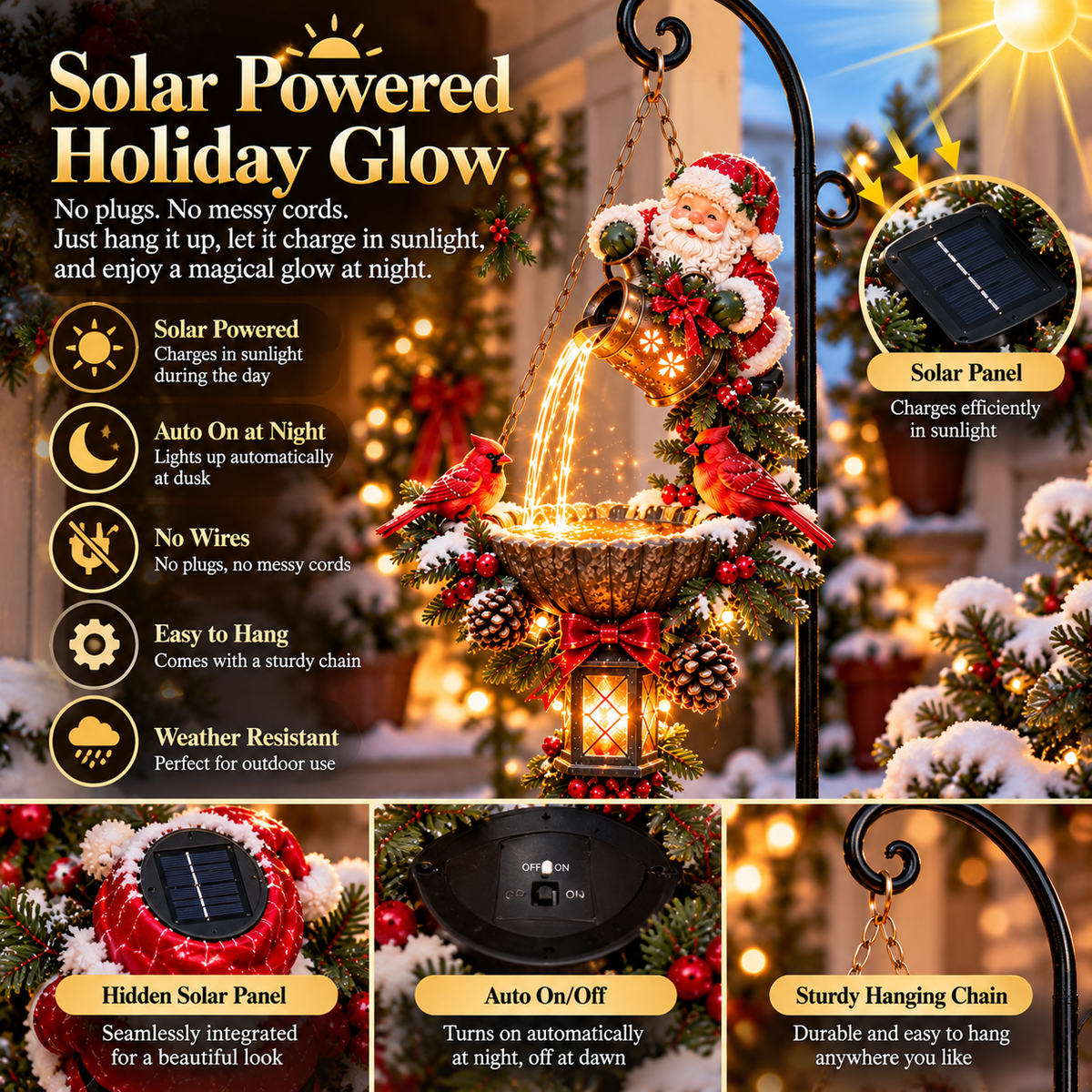 Solar powered Santa Christmas hanging light with integrated panel and auto on off feature