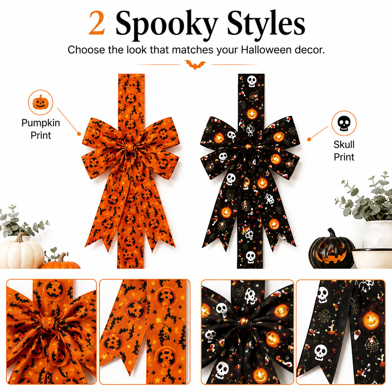 Halloween Cabinet Door Bow Ribbon Decorations - Oversized Pumpkin & Skull Wraps