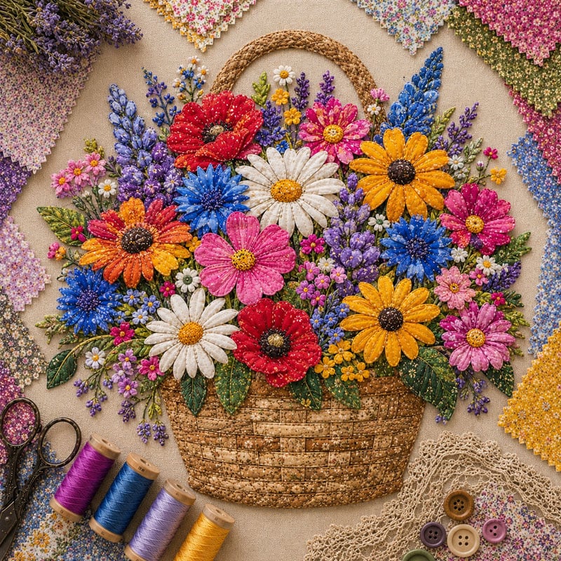🔥LAST DAY 50% OFF - 🌸Floral Basket Patchwork DIY Kit | 3D Layered Fabric Flower Art Craft for Home Decor & Gifts