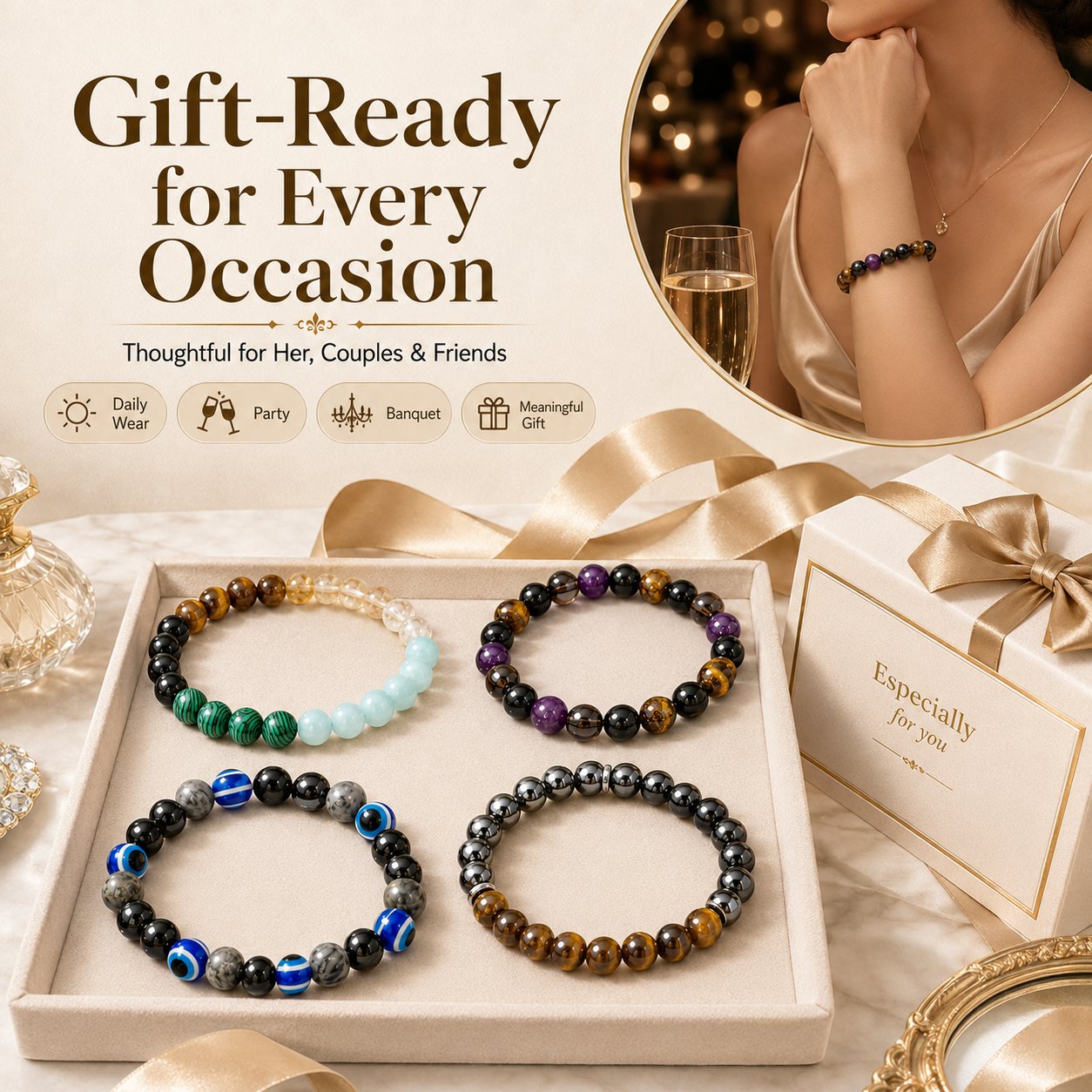 ✨ 4PCS Bohemian Beaded Bracelet Set 💎 | Wealth • Lucky • Money • Protection 🪬 | Elegant Gift for Her 🎁