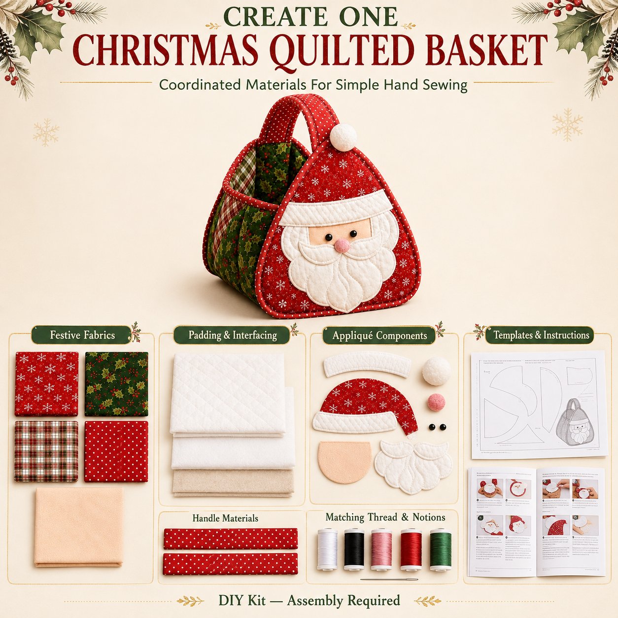 ⏳ Last Day 49% OFF – 🎄 Christmas Character Quilted Carry Basket | Padded Patchwork Fabrics, Layered Appliqué & Soft Carry Handle in DIY Kit or Ready-Made Styles 🎁✨