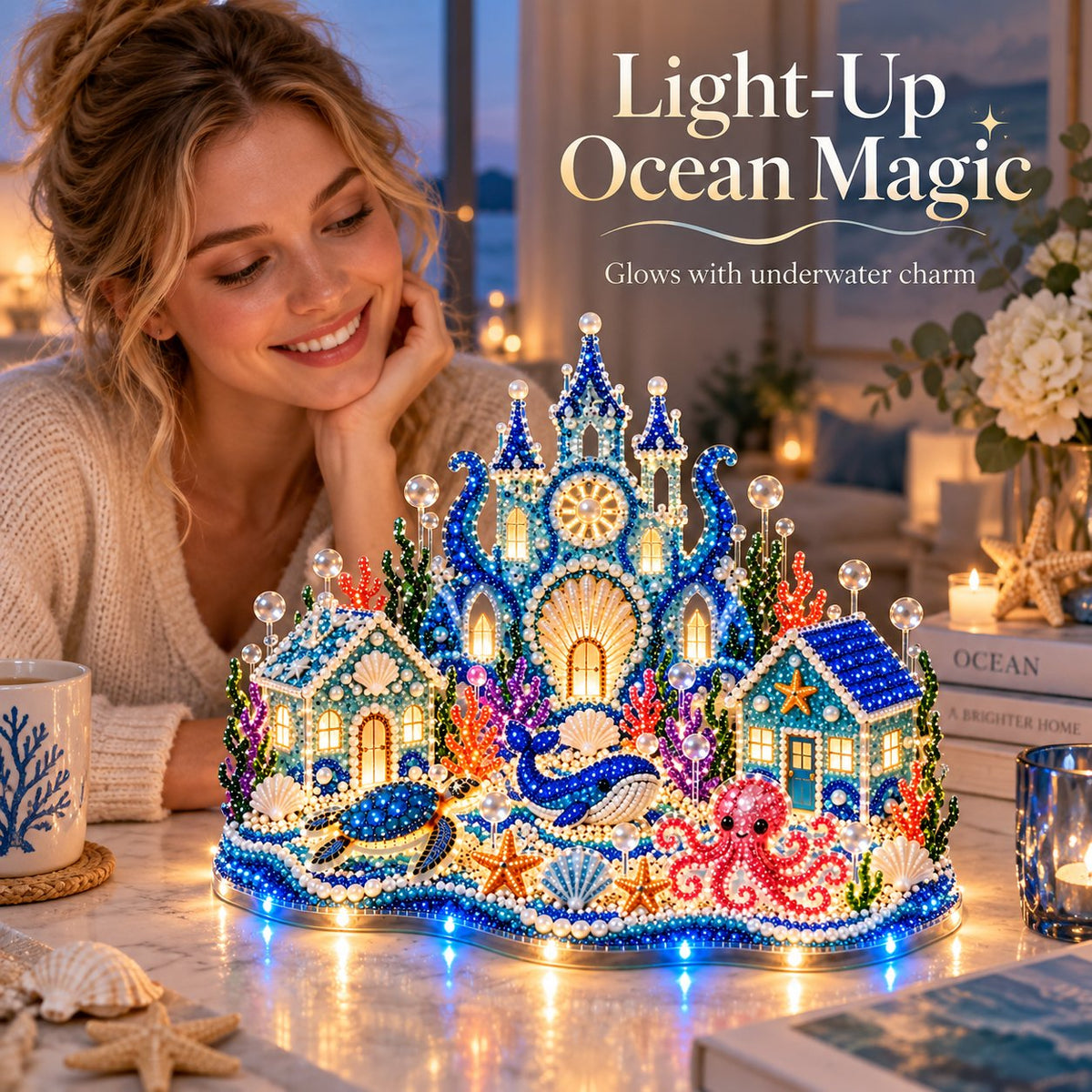 🌊 A Jeweled Sculpture You Build, Then Switch On — 3D Gem Art Underwater Village DIY Kit with LED Night-Glow Light Base