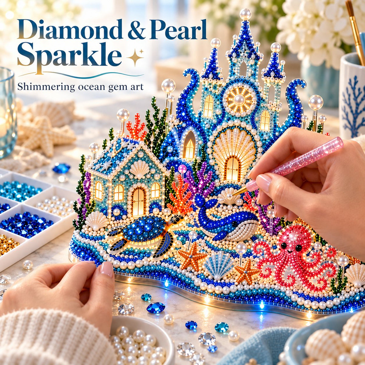 🌊 A Jeweled Sculpture You Build, Then Switch On — 3D Gem Art Underwater Village DIY Kit with LED Night-Glow Light Base
