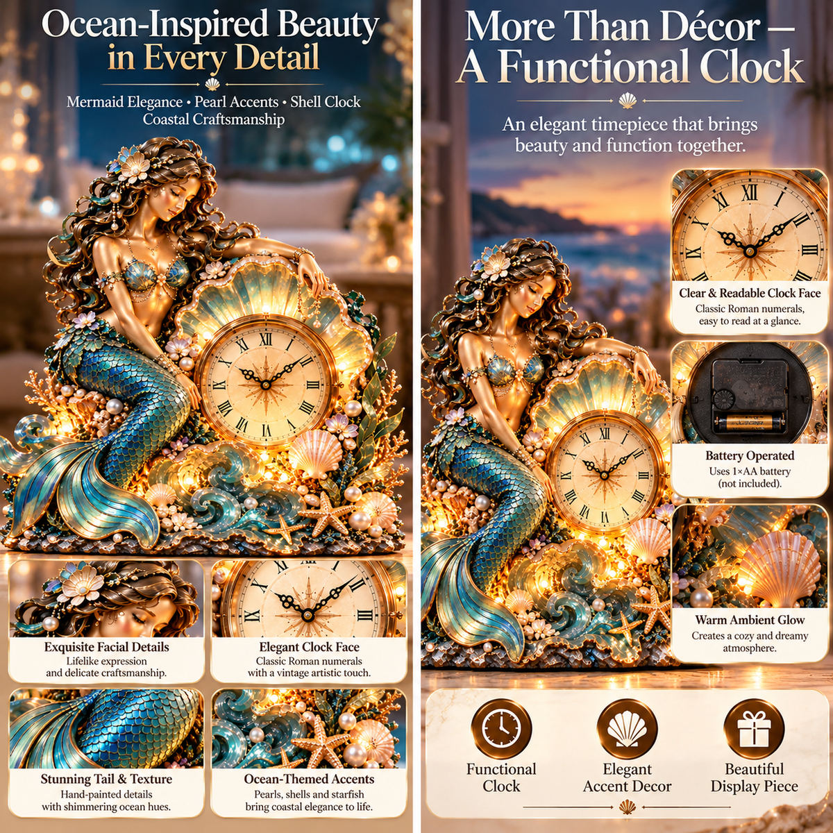✨ Last Day 50% OFF -🧜‍♀️Mermaid Pearl Clock