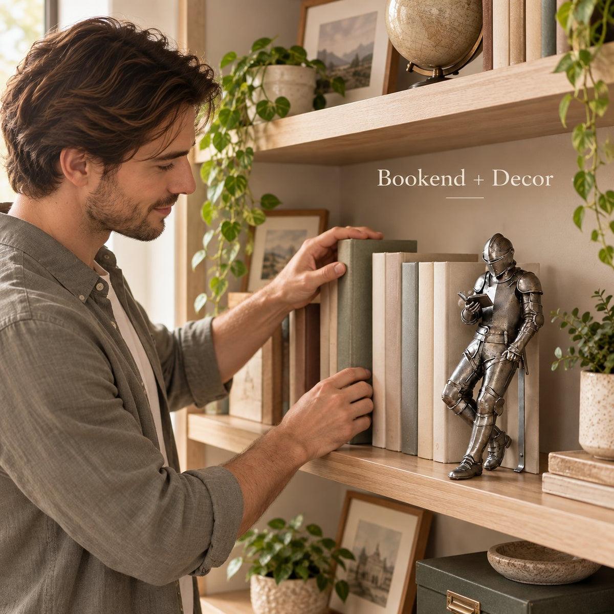 🛡️ Reading Knight Bookend Statue | Antique Metal Finish Bookshelf Guardian, Novelty Decor Gift For Bibliophiles