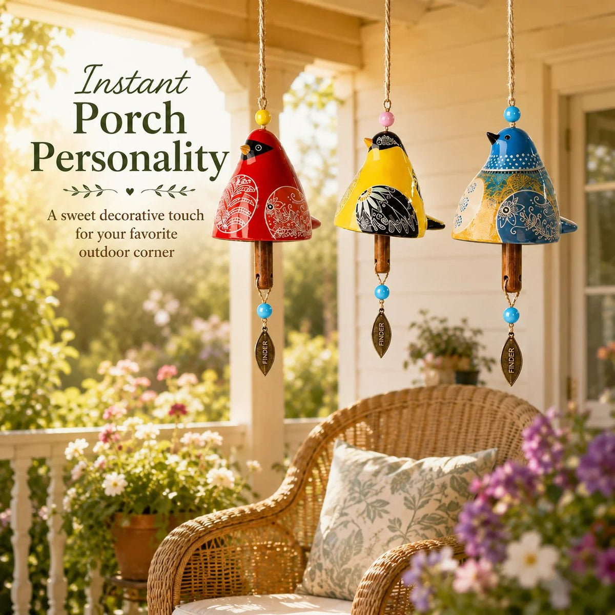 🐦Hand-Painted Resin Bird Wind Chime, Colorful Folk Art Garden Hanging Decor