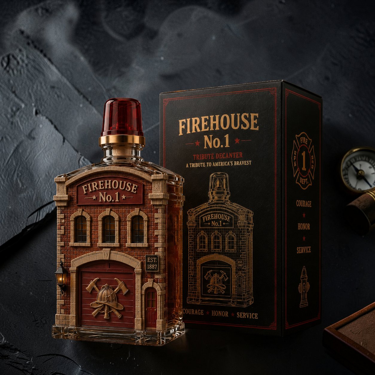 Firehouse tribute decanter displayed against a dramatic dark background