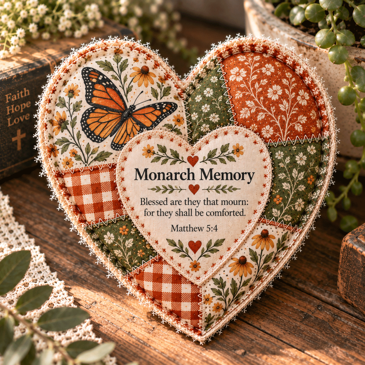 ❤️ Faith & Comfort Patchwork Heart Decor – Scripture-Inspired Keepsake