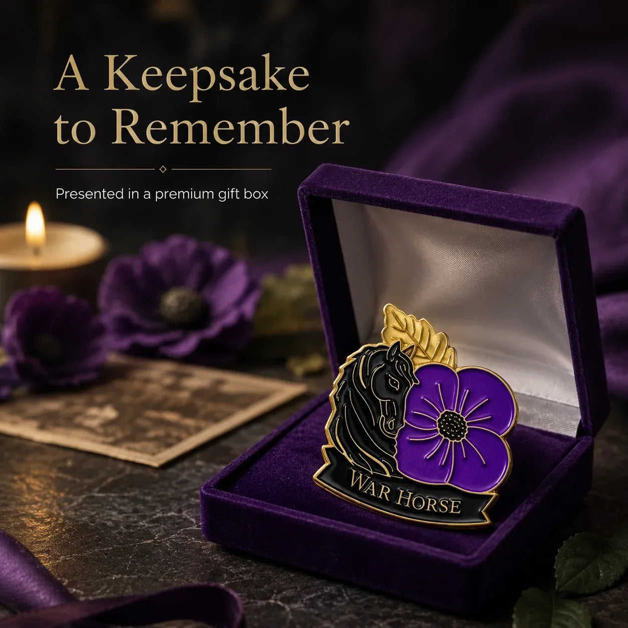 🐴 111th Anniversary War Horse Purple Poppy Remembrance Brooch | Meaningful Memorial Keepsake with Antique-Inspired Details for Veterans, Horse Lovers & History Collectors 💜