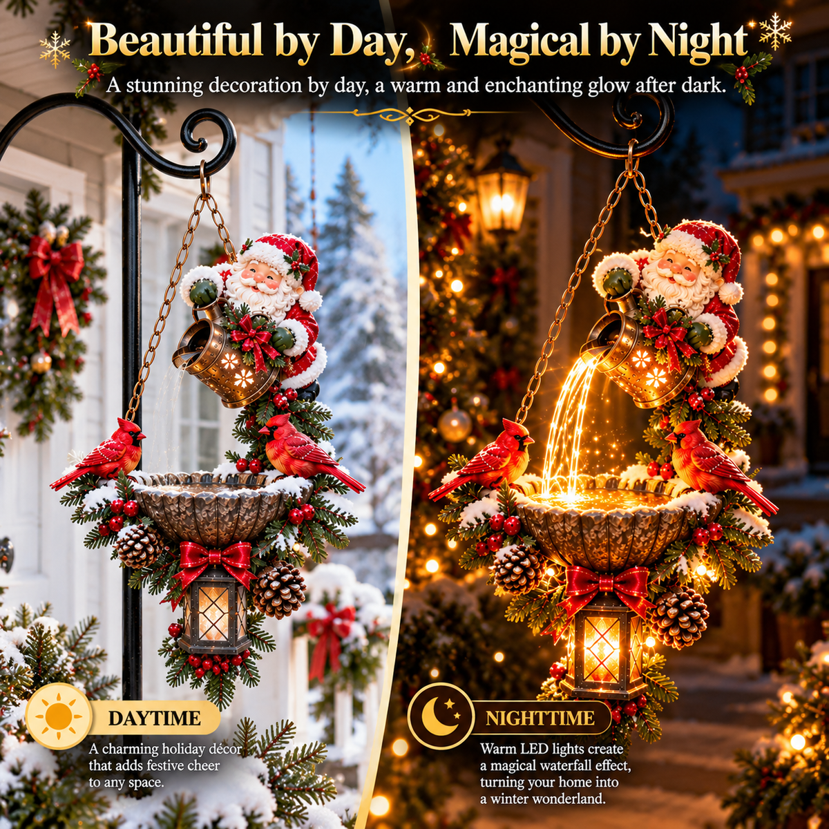 Santa magical light pour shown during daytime and nighttime
