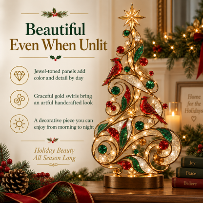 🐦Lighted Stained Glass-Inspired Christmas Tree Tabletop Decor with Red Cardinal Birds