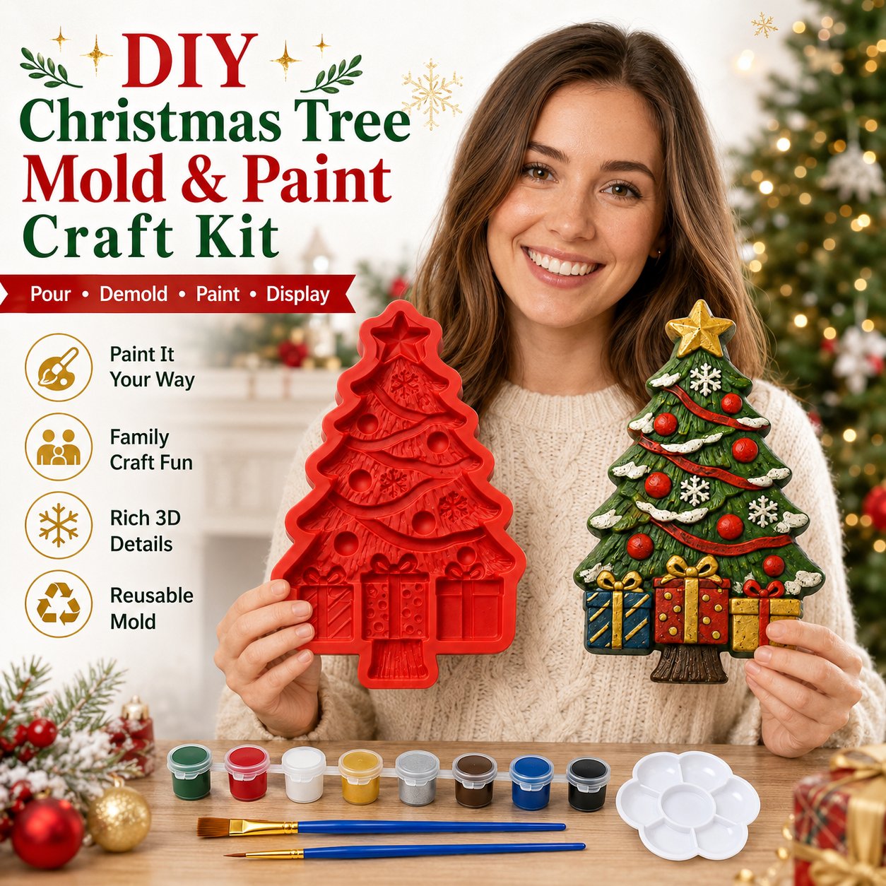 🎄 DIY Christmas Tree Mold & Paint Craft Kit | Reusable 3D Mold with 8 Acrylic Paints, 2 Brushes & Festive Detail Guide 🎨✨