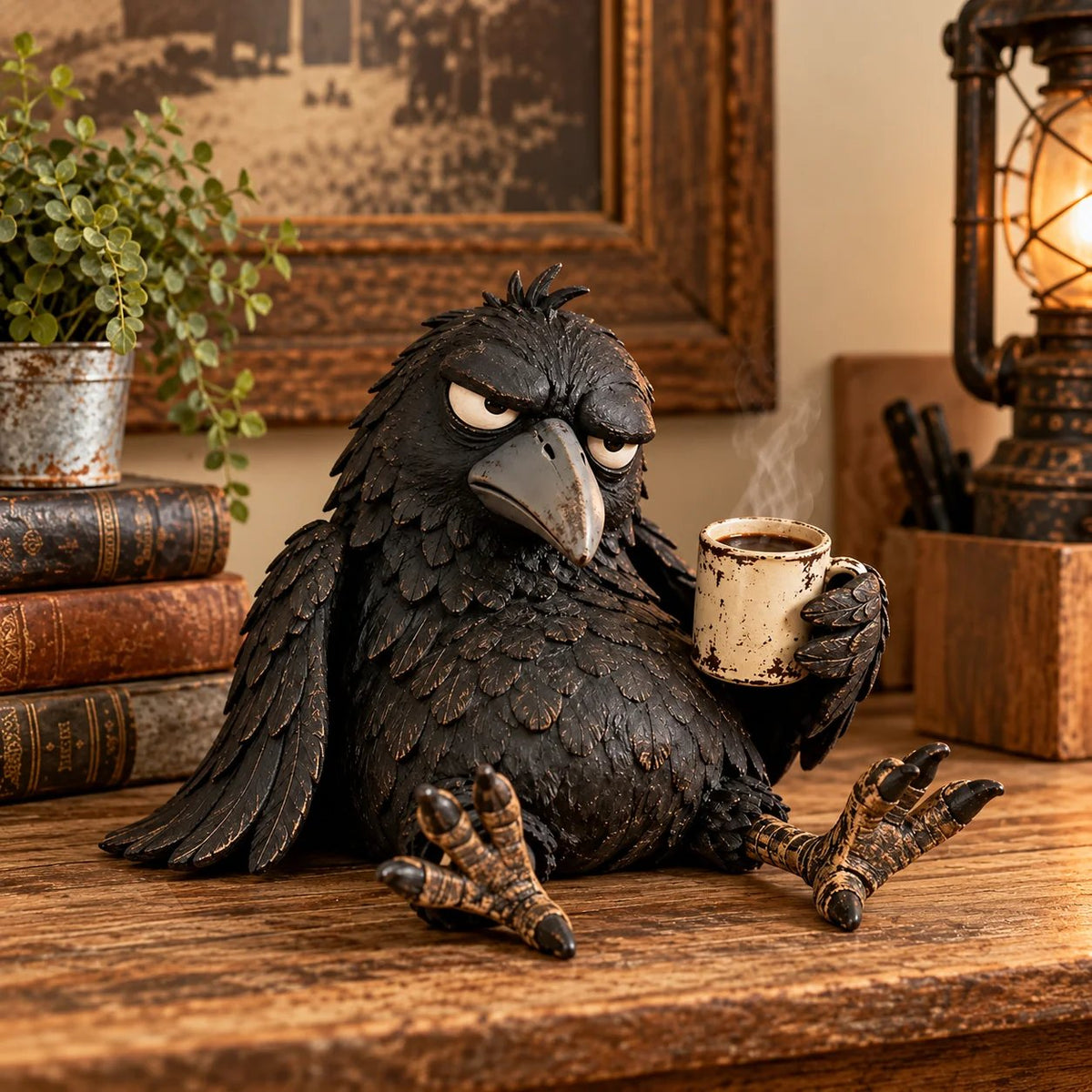 🐦‍⬛☕Grumpy Coffee Raven Figurine – “Not Yet” Funny Morning Decor😂(✨Buy 2 Free Shipping)