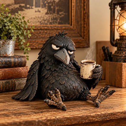 🐦‍⬛☕Grumpy Coffee Raven Figurine – “Not Yet” Funny Morning Decor😂(✨Buy 2 Free Shipping)