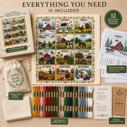 🧵 A Year in Stitches | 12-Month Seasonal Cross Stitch Kit 🌿
