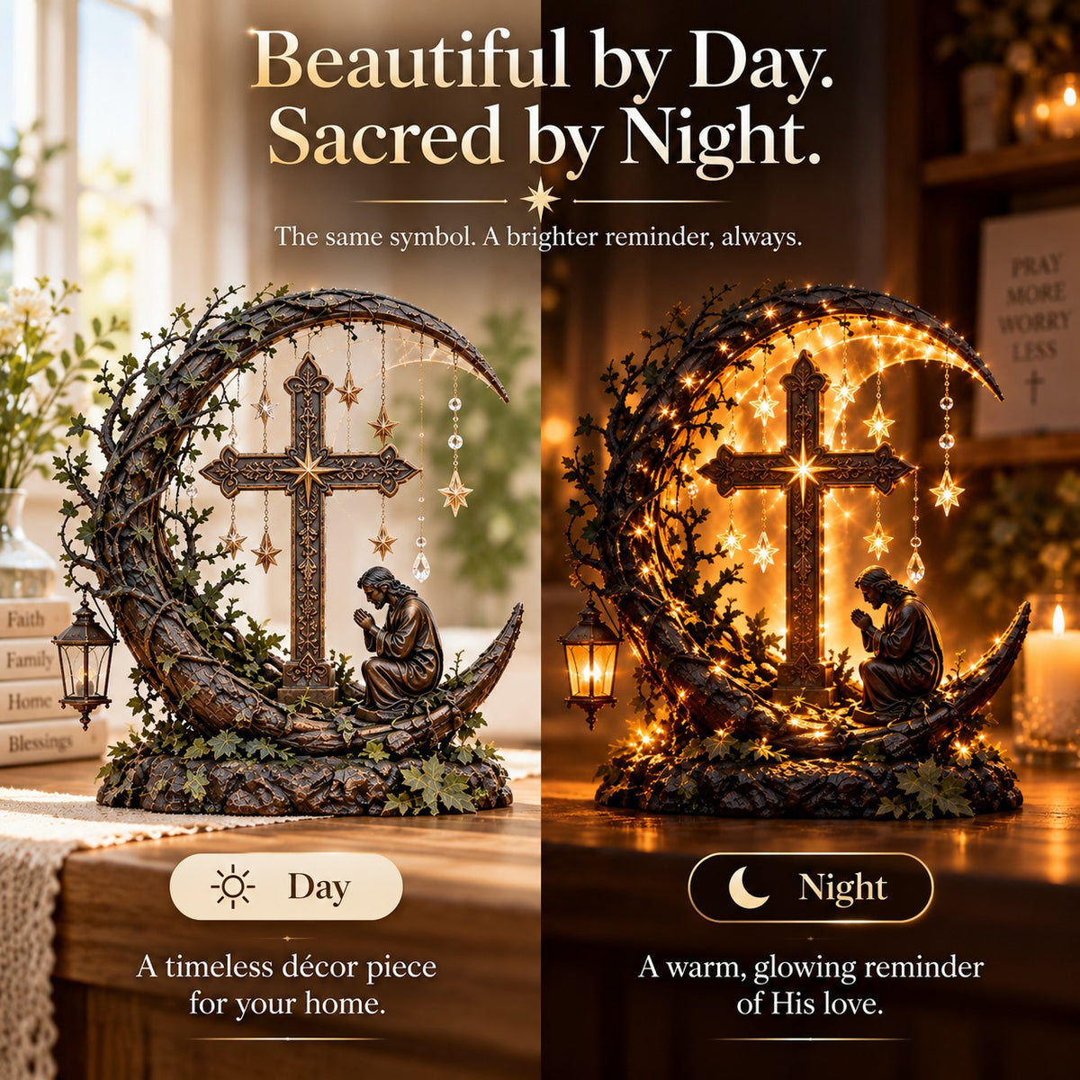 Illuminated Cross Prayer Decor day and night