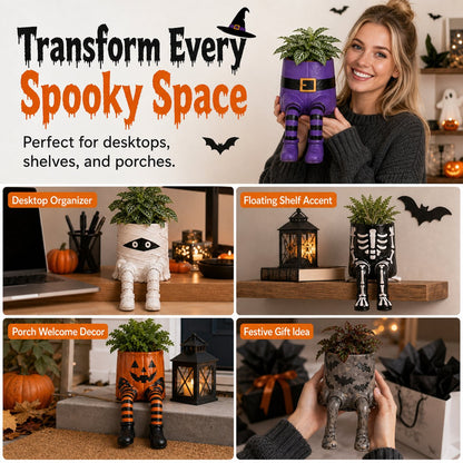 Halloween Whimsical Hanging Leg Planter Handcrafted Fall Skeleton Decor